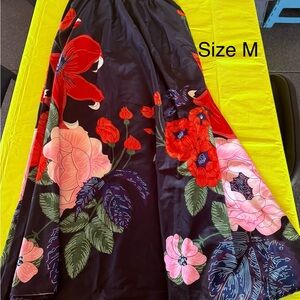 Women's Black Floral Maxi Skirt - Red & Pink Bloom